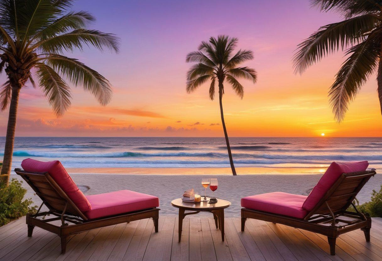 A stunning beachfront property with luxurious amenities, golden sand, and crystal-clear waves lapping at the shore. Include a beautiful sunset casting warm hues over the scene, with a private deck featuring elegant outdoor furniture and palm trees swaying gently in the breeze. Add a couple enjoying a glass of wine, encapsulating relaxation and opulence. super-realistic. vibrant colors. serene atmosphere.